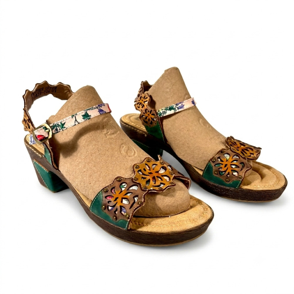 L’Artiste Whimsigoth Floral Leather Heeled Sandals Turquoise Mules Size 38 9.5
